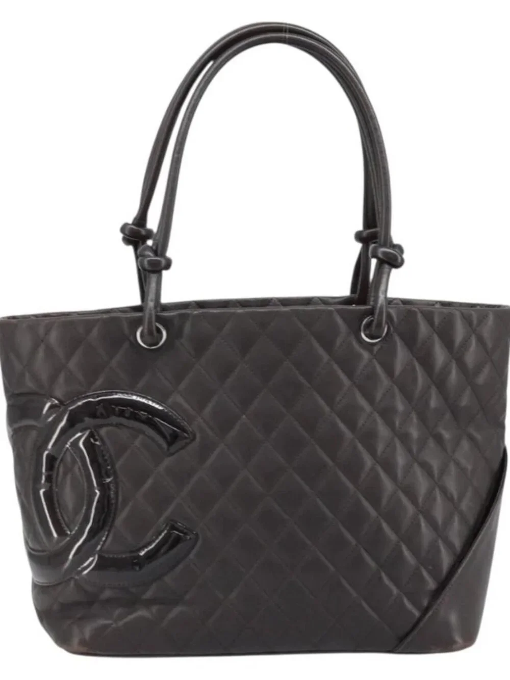CHANEL Cambon Line Matelasse Tote Bag Leather Brown Silver CC Auth 170655